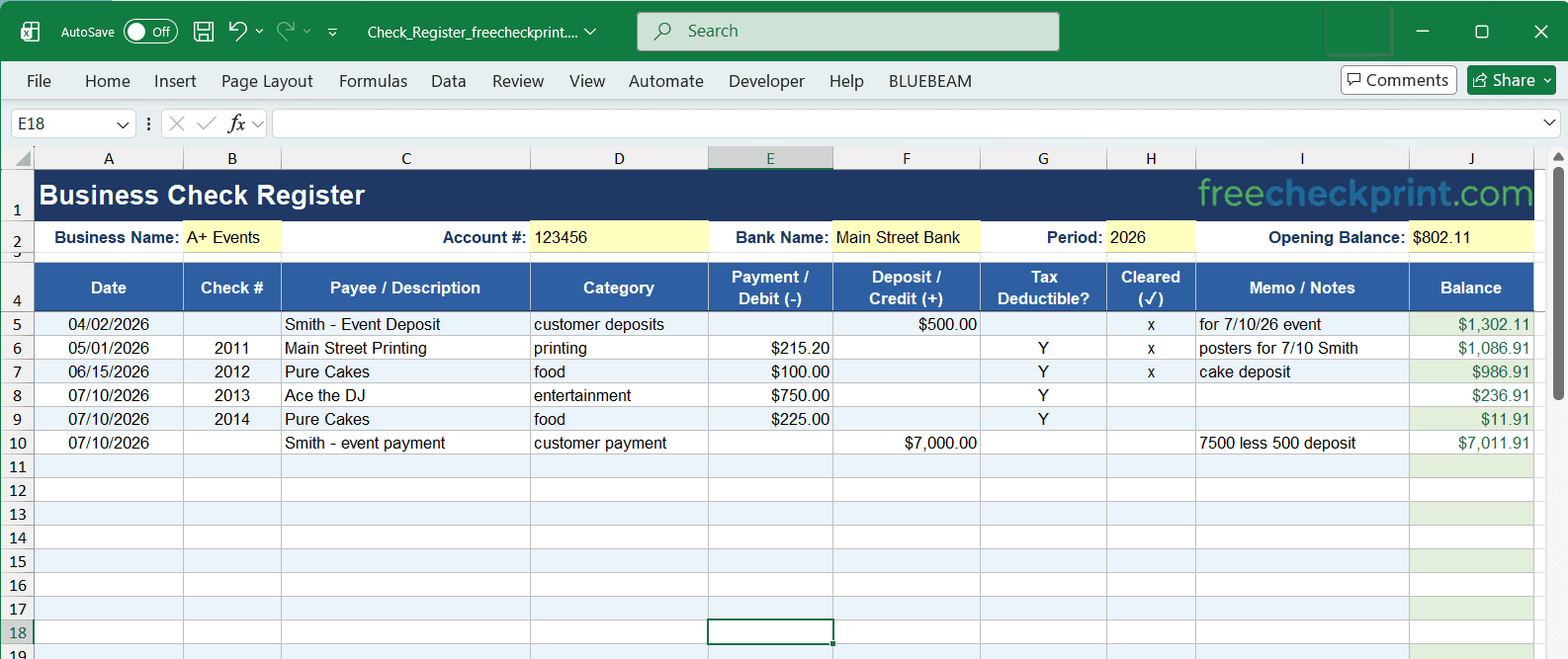 Preview of the Excel check register template